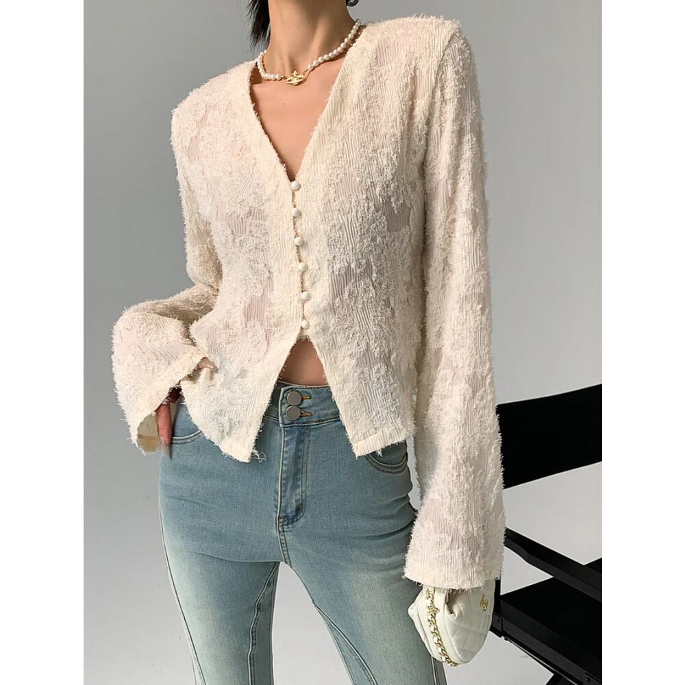 Commense Cream Textured Lacy Blouse Sz XS V Neck Long Sleeve Parisian Chic - Picture 7 of 9